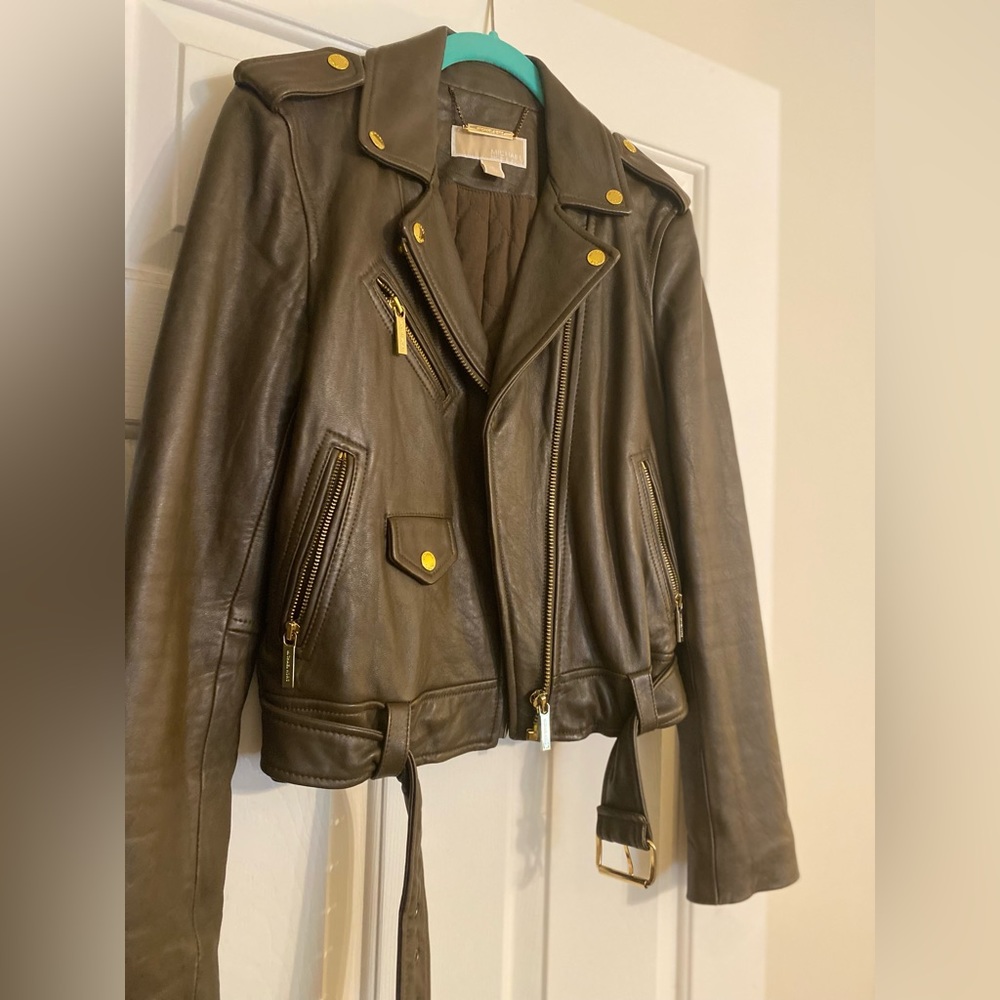 Michael Kors army green leather moto jacket, size M